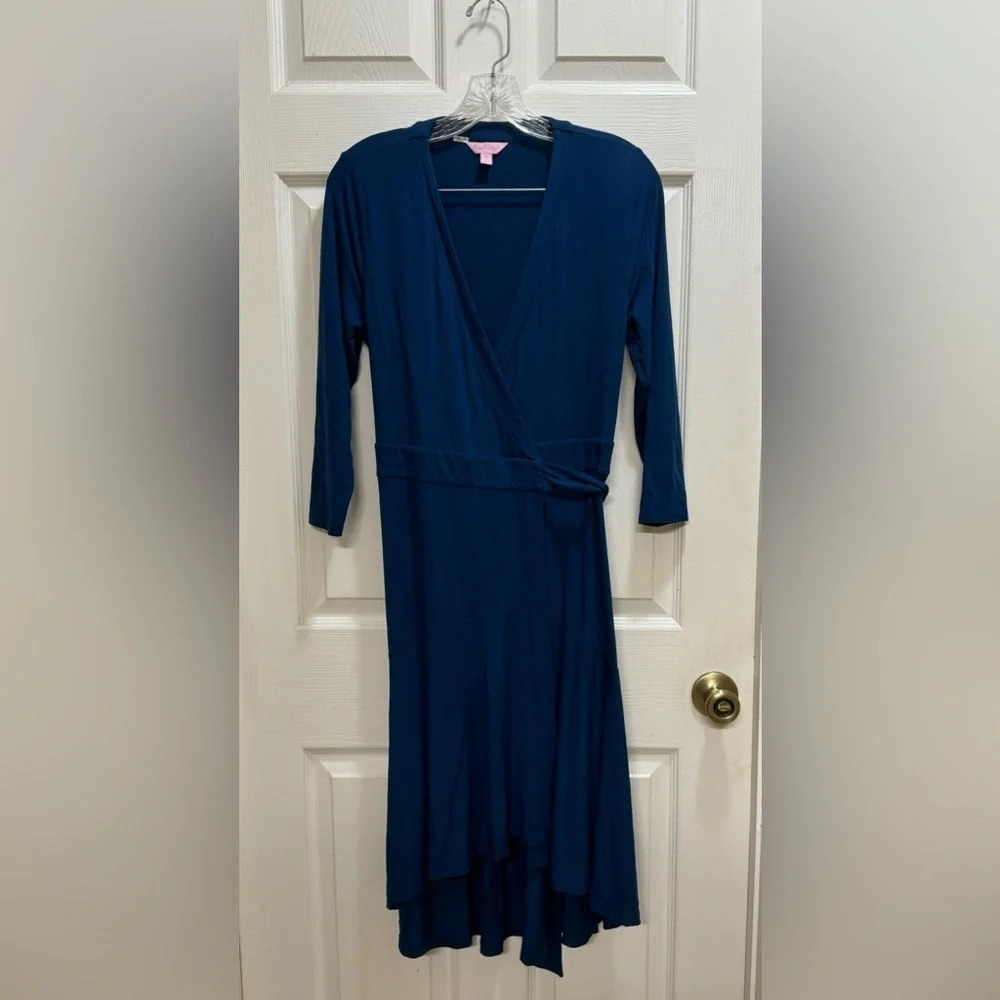 Lilly Pulitzer Women's Rozaline Wrap Dress Blue Knee Length Size Small Flounce